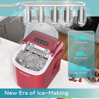 EUHOMY 12'' Red Bullet Ice Portable Self-Cleaning Ice Maker with Handle Includes 2 Bottles of Cleaner - Euhomy